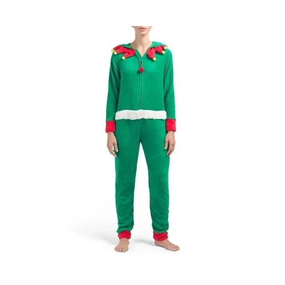 Elf Xmas Pajama PJ One  Piece Romper Size L Costume Hooded Sleeper PJ New - Picture 6 of 8